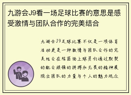 九游会J9看一场足球比赛的意思是感受激情与团队合作的完美结合