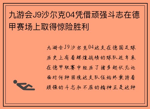 九游会J9沙尔克04凭借顽强斗志在德甲赛场上取得惊险胜利