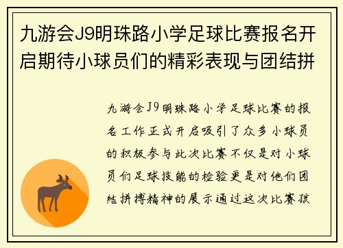 九游会J9明珠路小学足球比赛报名开启期待小球员们的精彩表现与团结拼搏精神
