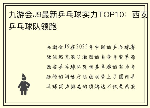 九游会J9最新乒乓球实力TOP10：西安乒乓球队领跑